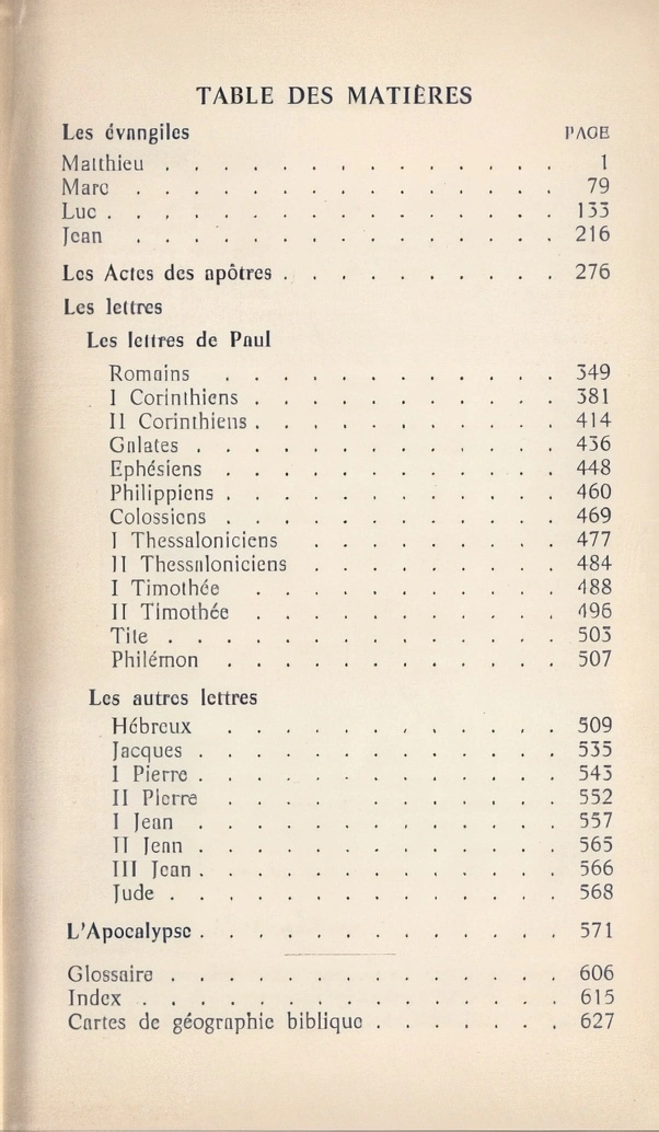 Évangile, table des matières du nouveau testament